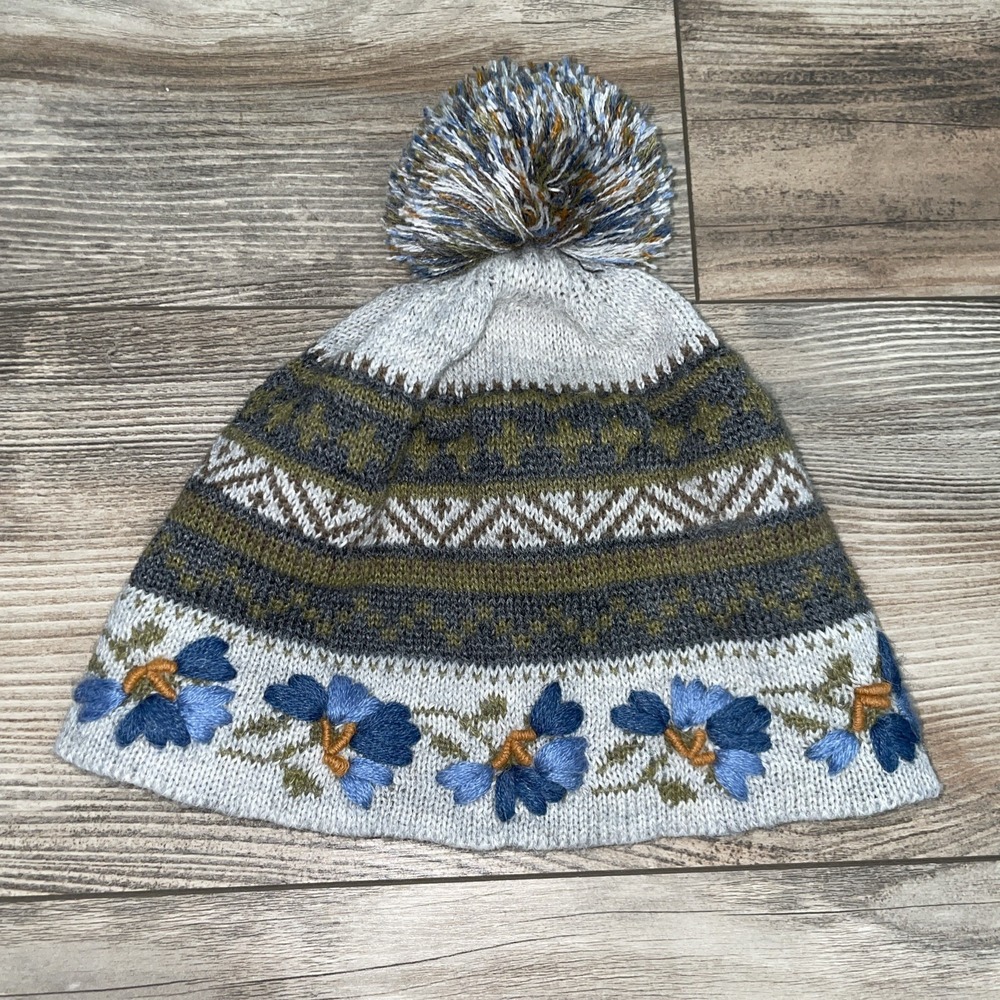 Alpaca Blend Knit Beanie Pom Pom Hat Floral Pattern Peruvian Link Peru